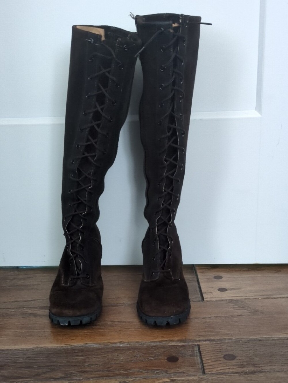 Vintage Sbicca Dark Brown Knee-High Lace-Up Suede Boots - Picture 2 of 5